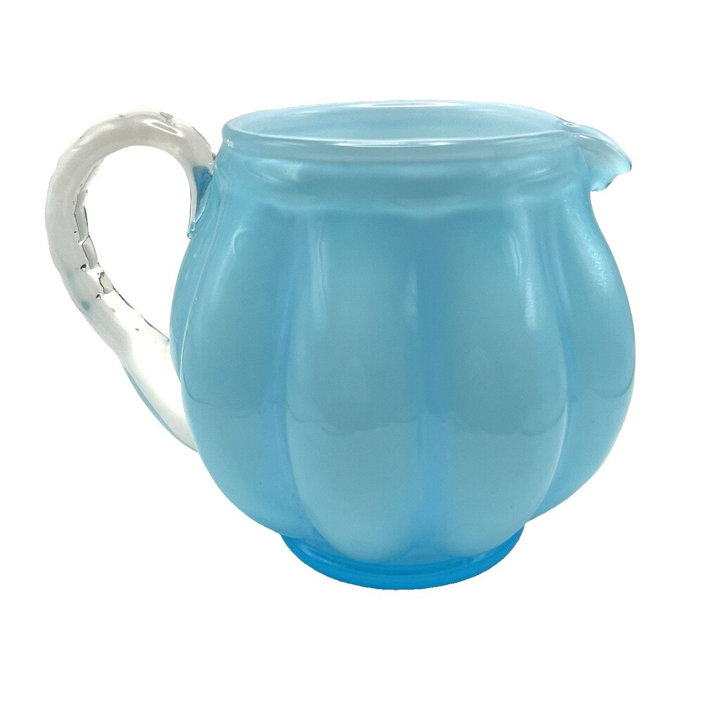 Glass Pitcher Fenton Blue Vintage Melon Squat Jug GLASS WATER JUG AQUA